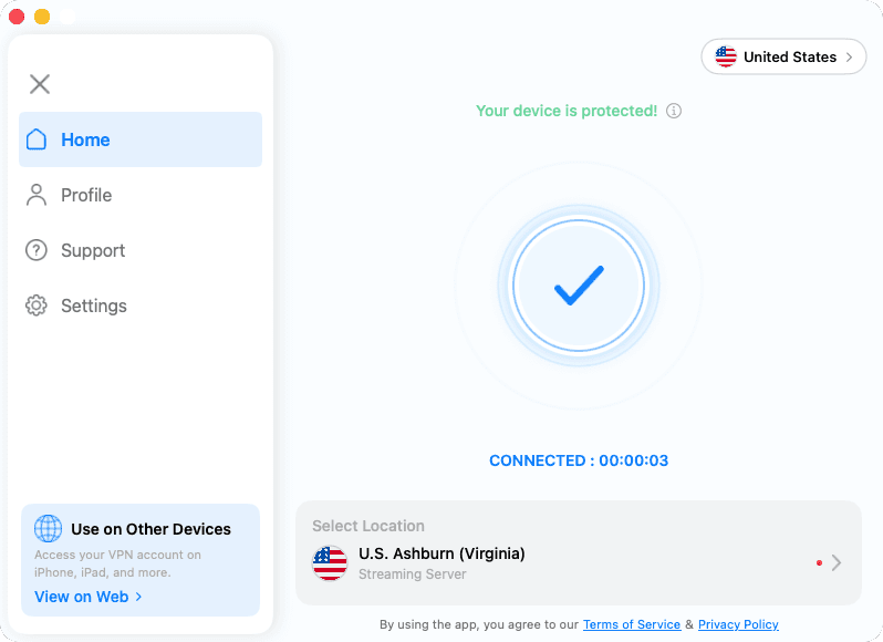 VPN SuperFast Mac app — connected and protected